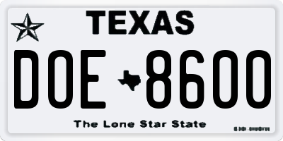 TX license plate DOE8600