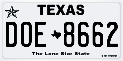 TX license plate DOE8662