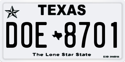 TX license plate DOE8701