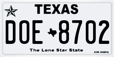 TX license plate DOE8702