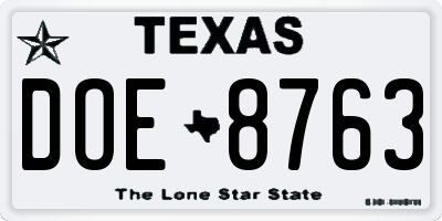 TX license plate DOE8763