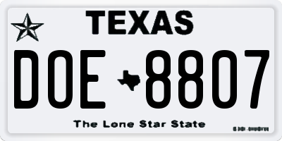 TX license plate DOE8807