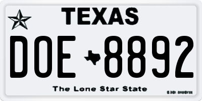 TX license plate DOE8892