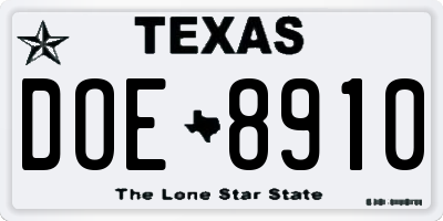 TX license plate DOE8910