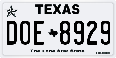 TX license plate DOE8929