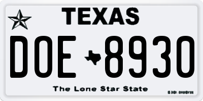 TX license plate DOE8930