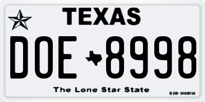 TX license plate DOE8998