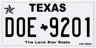 TX license plate DOE9201