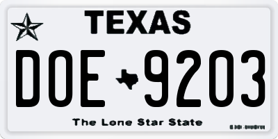 TX license plate DOE9203