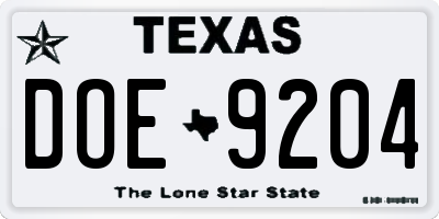 TX license plate DOE9204