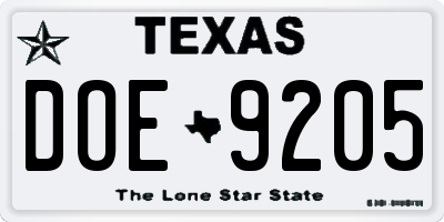 TX license plate DOE9205