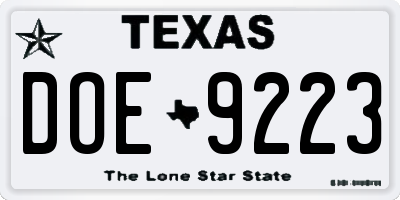 TX license plate DOE9223