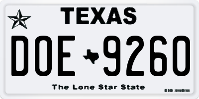 TX license plate DOE9260
