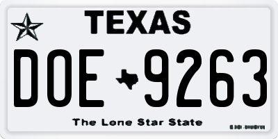 TX license plate DOE9263