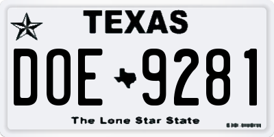 TX license plate DOE9281