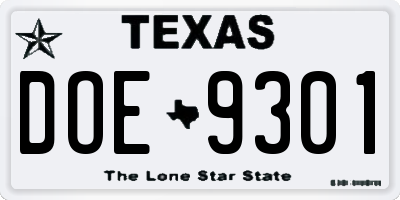 TX license plate DOE9301