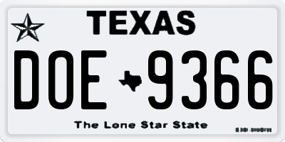 TX license plate DOE9366