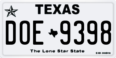 TX license plate DOE9398