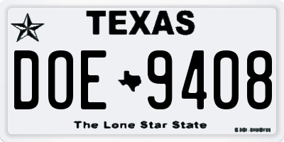 TX license plate DOE9408