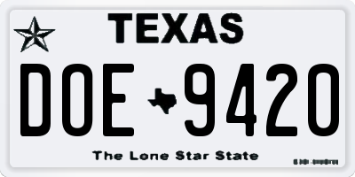 TX license plate DOE9420