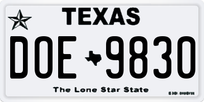 TX license plate DOE9830