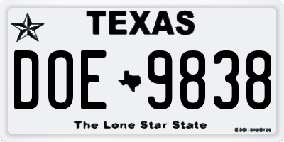 TX license plate DOE9838