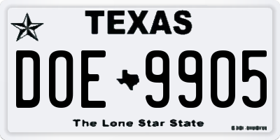 TX license plate DOE9905