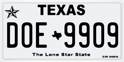 TX license plate DOE9909