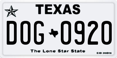 TX license plate DOG0920