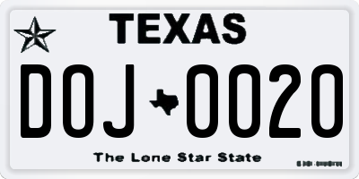 TX license plate DOJ0020