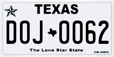 TX license plate DOJ0062