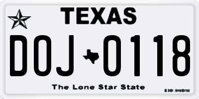 TX license plate DOJ0118