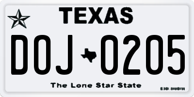 TX license plate DOJ0205