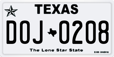 TX license plate DOJ0208