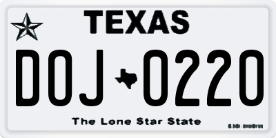 TX license plate DOJ0220