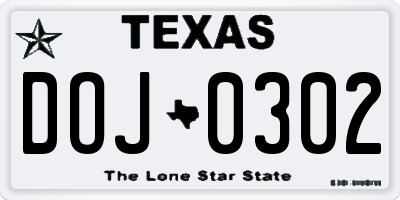 TX license plate DOJ0302