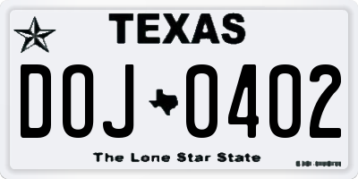 TX license plate DOJ0402