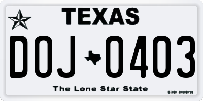 TX license plate DOJ0403