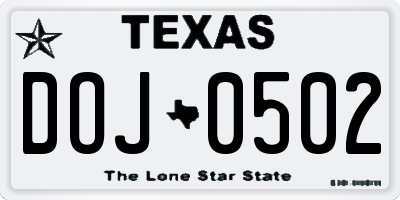 TX license plate DOJ0502