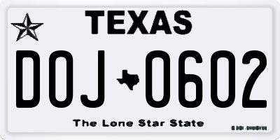TX license plate DOJ0602