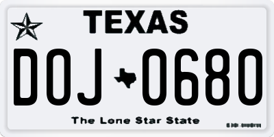 TX license plate DOJ0680