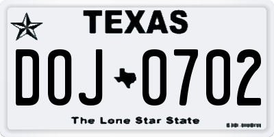 TX license plate DOJ0702