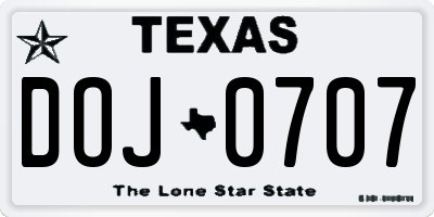 TX license plate DOJ0707