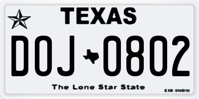 TX license plate DOJ0802