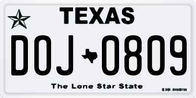 TX license plate DOJ0809