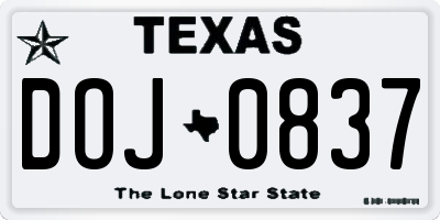 TX license plate DOJ0837
