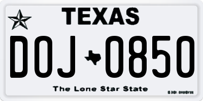 TX license plate DOJ0850