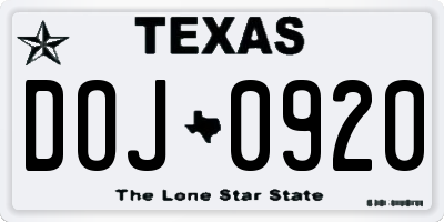 TX license plate DOJ0920