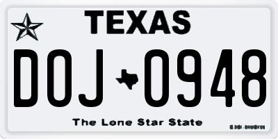 TX license plate DOJ0948