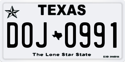 TX license plate DOJ0991